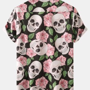 Skull Rose Print Button Up Shirt