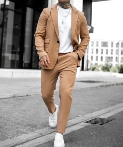 Casual Plain Notch Lapel Button Pockets Blazer & Pants 2Pcs Set