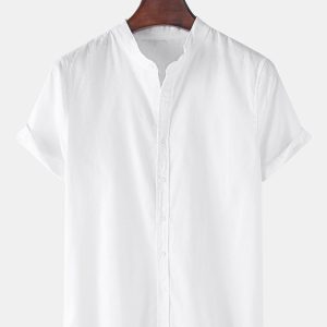 Man Textured Cotton Stand Collar Shirt & Shorts