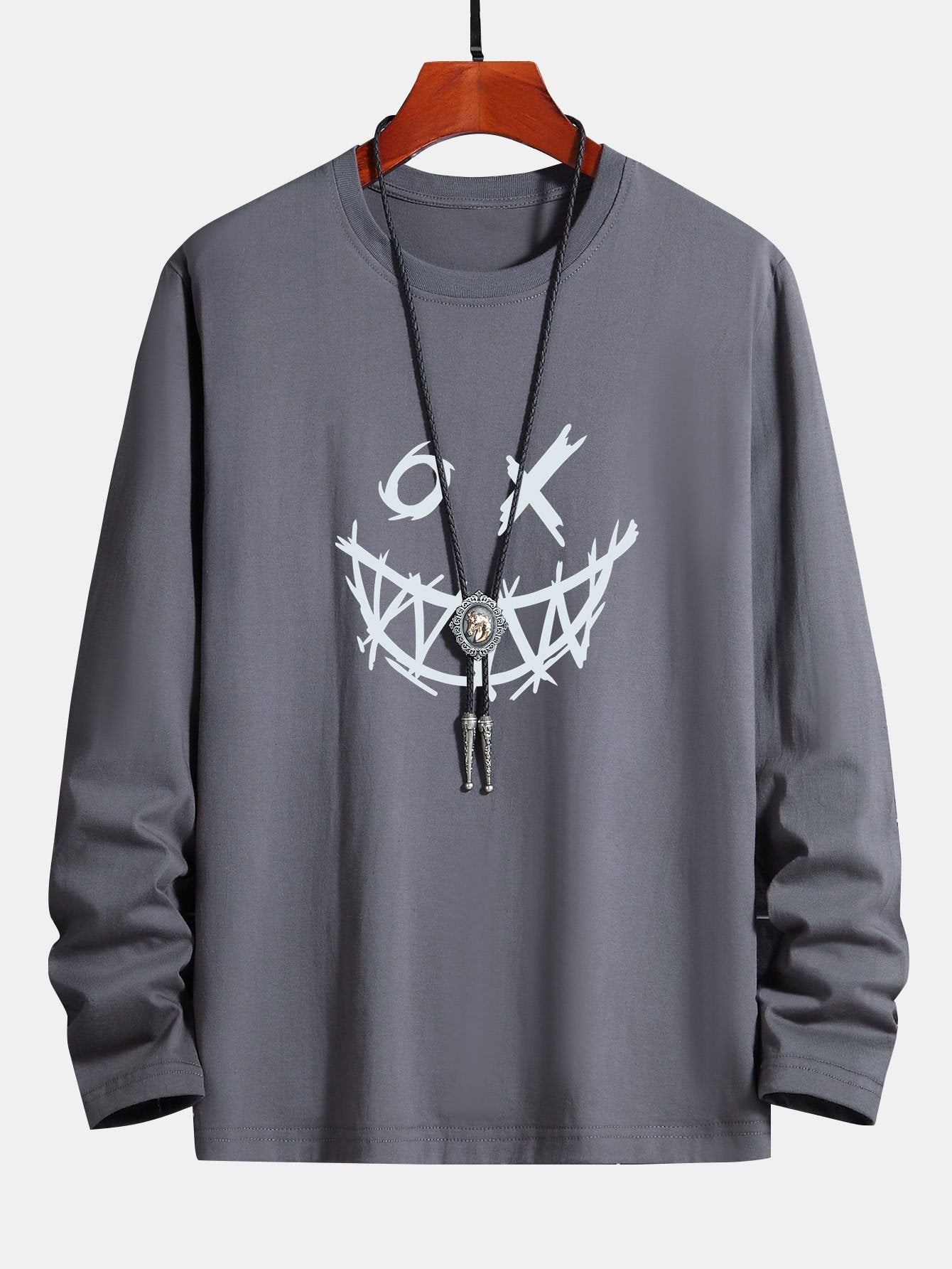 Long Sleeve Scary Face Print Cotton T-Shirt - Image 4