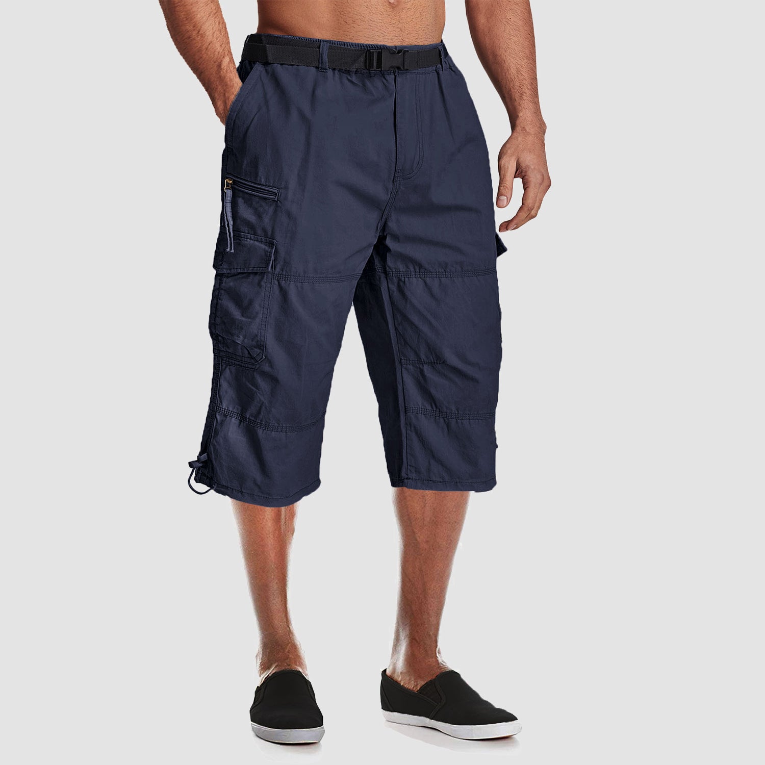Men Summer Casual 3/4 Long Cargo Shorts Twill Cotton Elastic Waist Multiple Pockets Comfortable Capris Trousers - Image 2