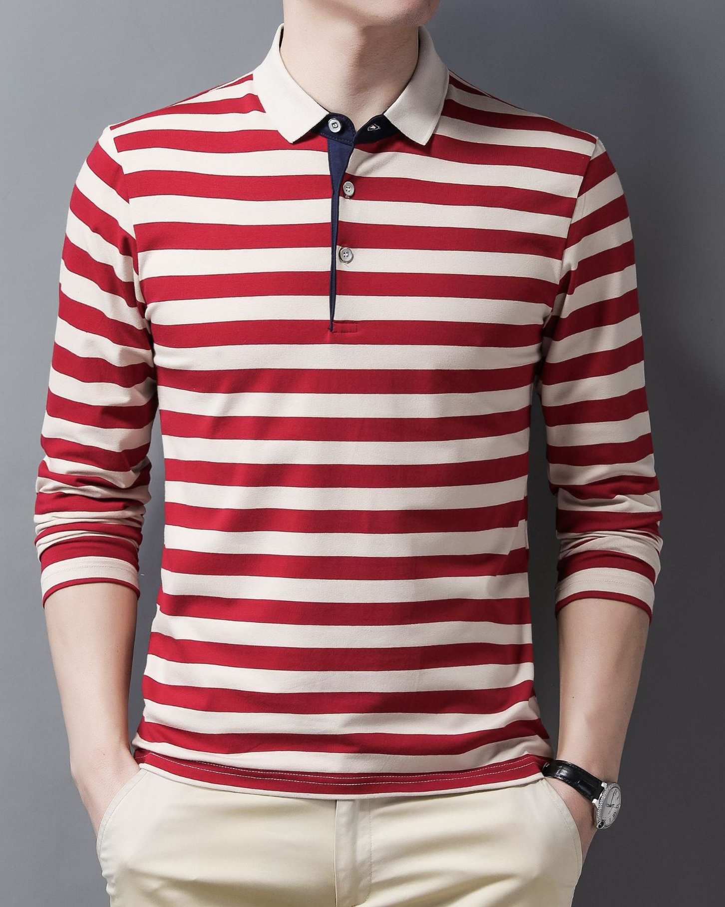 Men's Lapel Striped Polo Shirt - Image 2