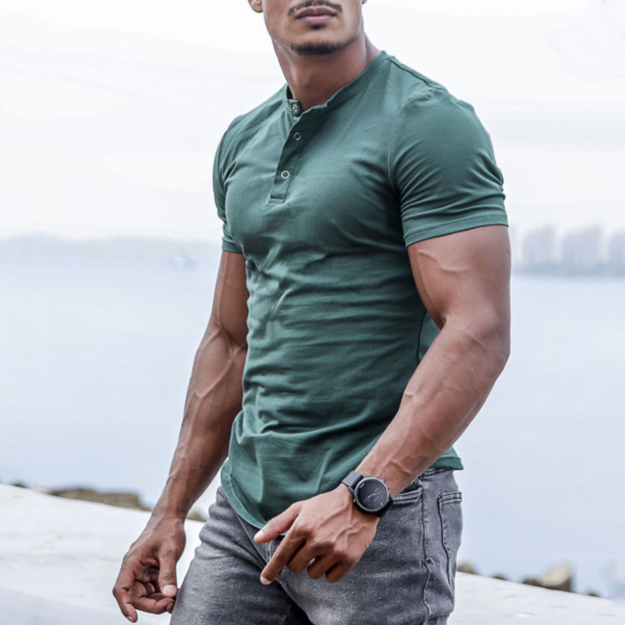 Men's Spring/Summer Henley Stretch Slim T-Shirt - Image 3