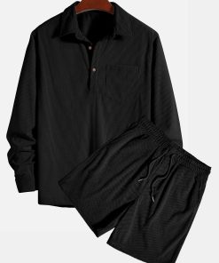 Long Sleeve Polo Collar Corduroy Shirt & Shorts