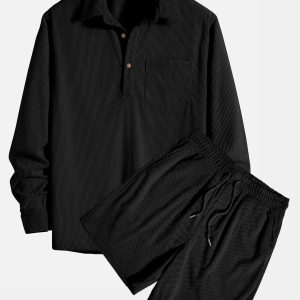 Long Sleeve Polo Collar Corduroy Shirt & Shorts