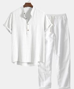 Alternative view of Linen Blend Striped Half Open Placket Henley Collar Shirt & Straight Leg Linen Pants