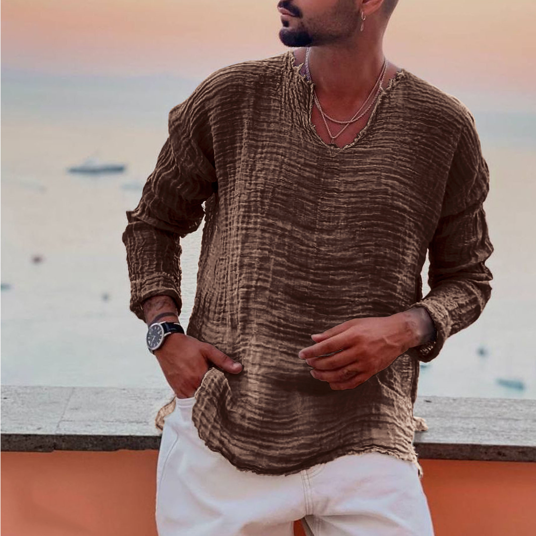 Men's Linen Simple Long-sleeved Shirt - Image 3