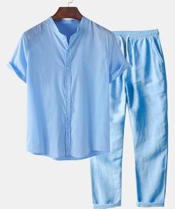 Linen Look Short Sleeve Basic Shirts & Straight Leg Linen Pants