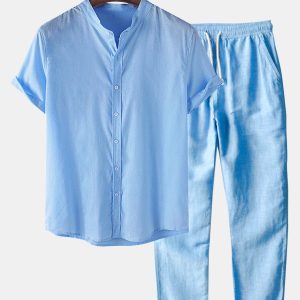 Linen Look Short Sleeve Basic Shirts & Straight Leg Linen Pants