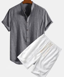 Alternative view of Short Sleeve Half Button Fly Henley Collar Shirt & Linen Cotton Blend 11" Shorts