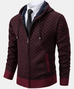 Diamond Pattern Zip Hooded Sweater