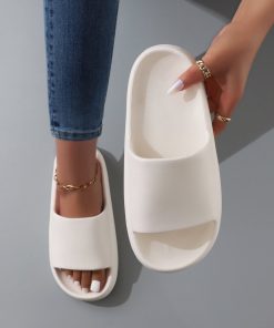 Fashion White Slippers For Women, Minimalist Single Band Slides