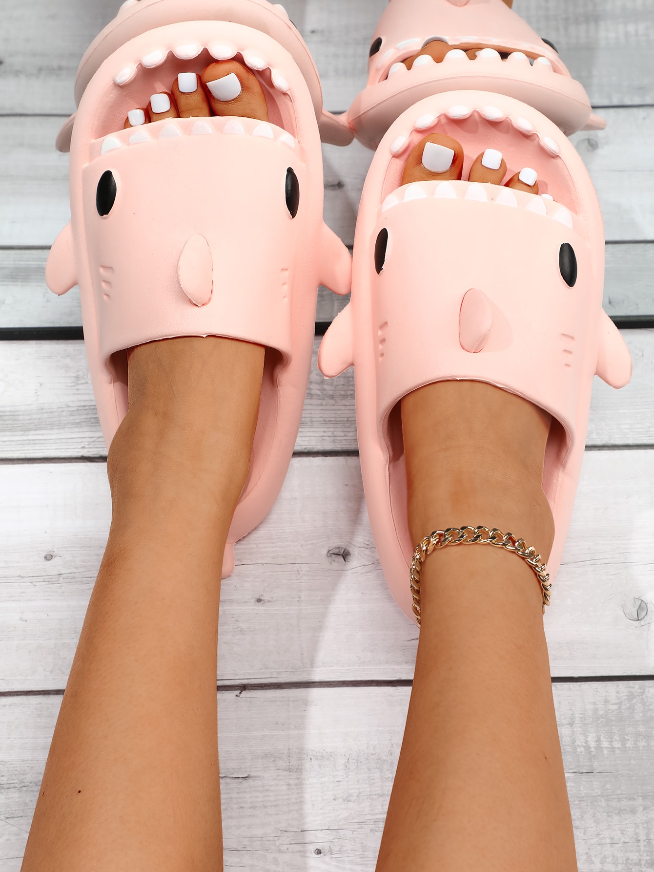 Shark Design Slides, Light Pink Preppy Style Collegiate Cartoon Slippers - Image 2