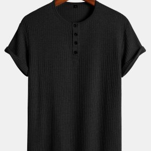 Muscle Fit Ribbed Henley Shirt