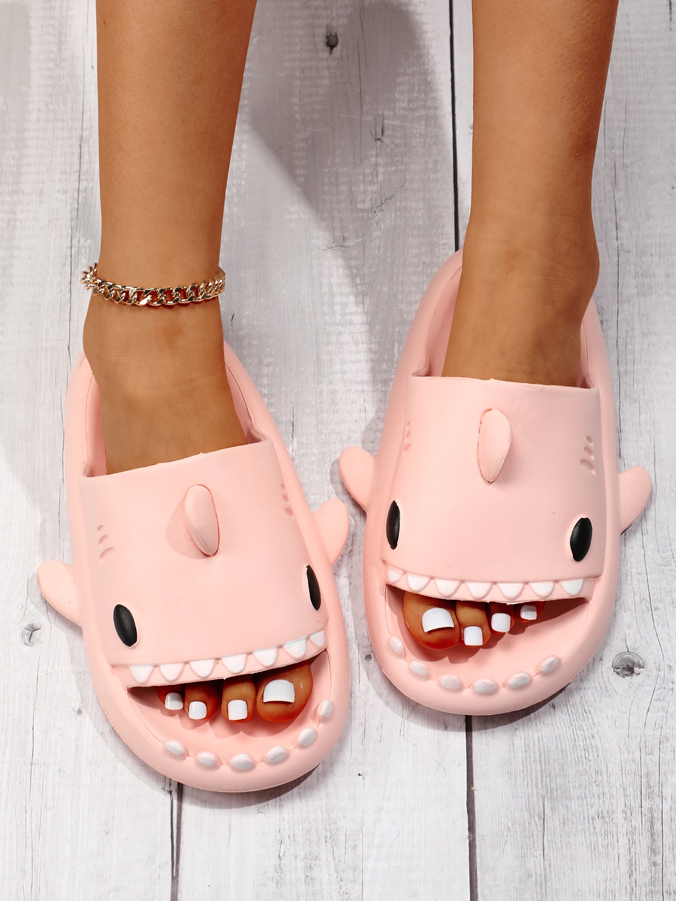 Shark Design Slides, Light Pink Preppy Style Collegiate Cartoon Slippers - Image 3