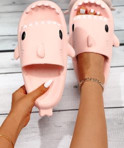 Shark Design Slides, Light Pink Preppy Style Collegiate Cartoon Slippers