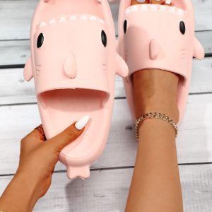 Shark Design Slides, Light Pink Preppy Style Collegiate Cartoon Slippers