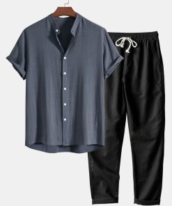 Alternative view of Linen And Rayon Blend Stand Collar Shirt & Straight Leg Linen Pants