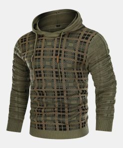 Slim Fit Knitted Plaid Paneled Hooded Sweater