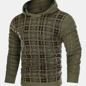 Slim Fit Knitted Plaid Paneled Hooded Sweater