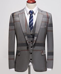 Business Plaid Print Lapel Collar Blazer & Blazer Vest & Pants 3pcs Set