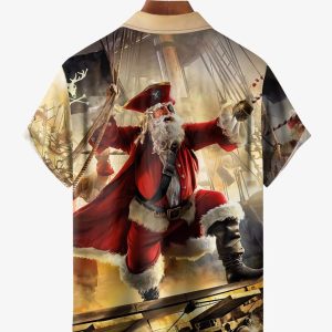 Christmas Pirate Santa Chest Pocket Short Sleeve Hawaiian Shirt