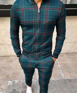 Casual Plaid Print Zipper Long Sleeve Coat & Pants 2Pcs Set