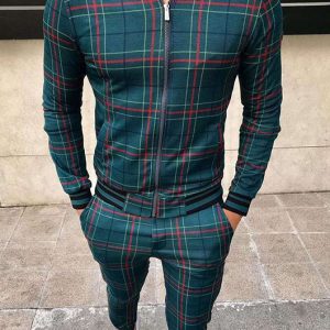 Casual Plaid Print Zipper Long Sleeve Coat & Pants 2Pcs Set