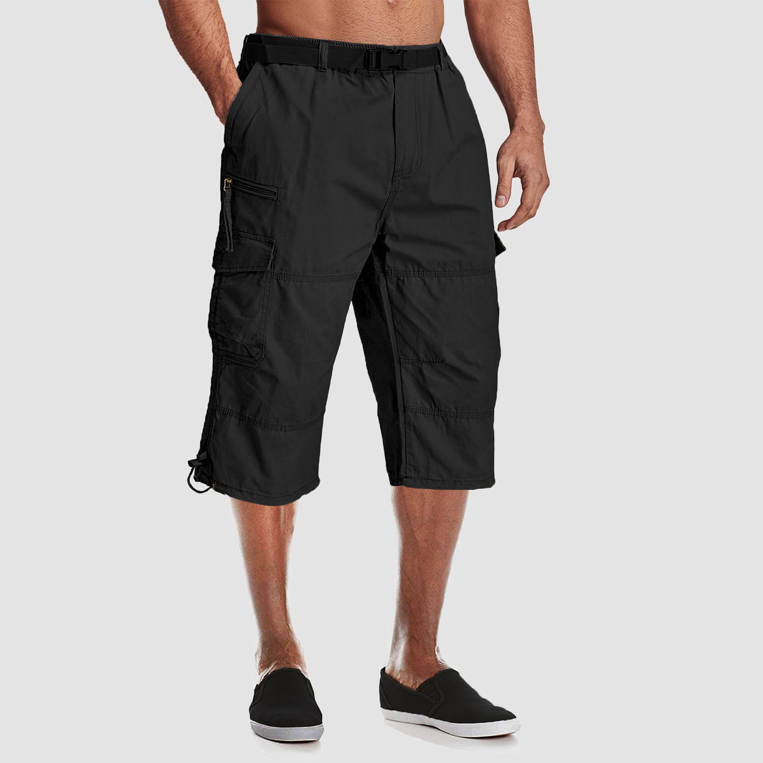 Men Summer Casual 3/4 Long Cargo Shorts Twill Cotton Elastic Waist Multiple Pockets Comfortable Capris Trousers - Image 5