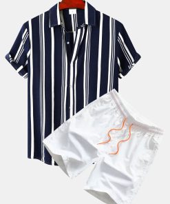 Stripe Print Button Up Shirt & Swim Shorts