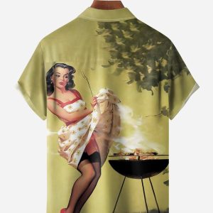 Retro Beauty Chest Pocket Short Sleeve Hawaiian Shirt