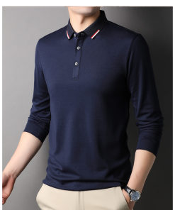 Men's navy blue lapel long sleeve polo shirt