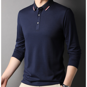 Men's navy blue lapel long sleeve polo shirt
