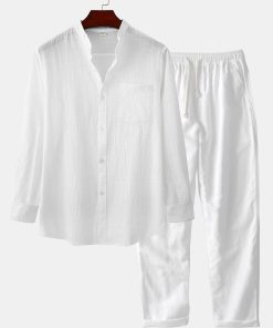 Alternative view of Long Sleeved Linen Look Stand Collar Shirt & Straight Leg Linen Pants
