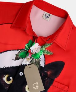 Alternative view of Mens Retro Christmas Black Cat Print Front Buttons Soft Breathable Chest Pocket Casual Hawaiian Shirt
