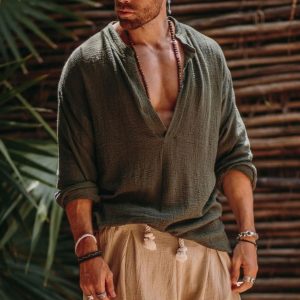 Mens Linen Minimalist Holiday Plain Shirt