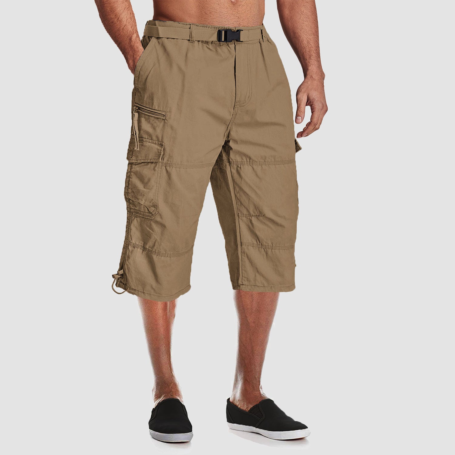 Men Summer Casual 3/4 Long Cargo Shorts Twill Cotton Elastic Waist Multiple Pockets Comfortable Capris Trousers - Image 16