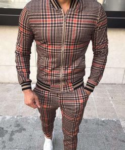 Alternative view of Casual Plaid Print Zipper Long Sleeve Coat & Pants 2Pcs Set