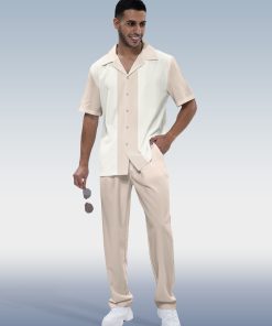 Suitmens Men's Casual Color Block Short Sleeve Walking Suit