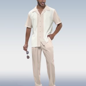 Suitmens Men's Casual Color Block Short Sleeve Walking Suit
