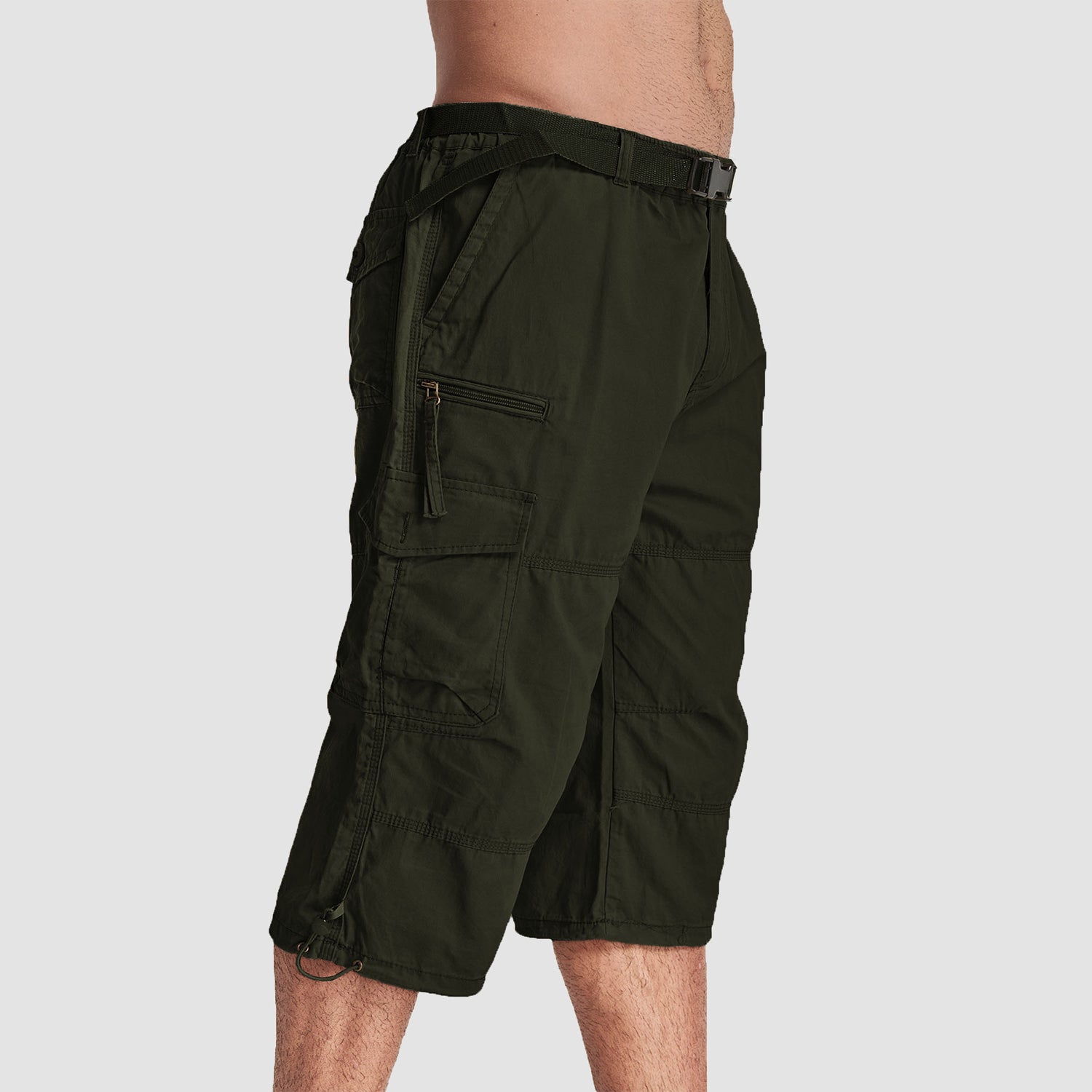 Men Summer Casual 3/4 Long Cargo Shorts Twill Cotton Elastic Waist Multiple Pockets Comfortable Capris Trousers - Image 12