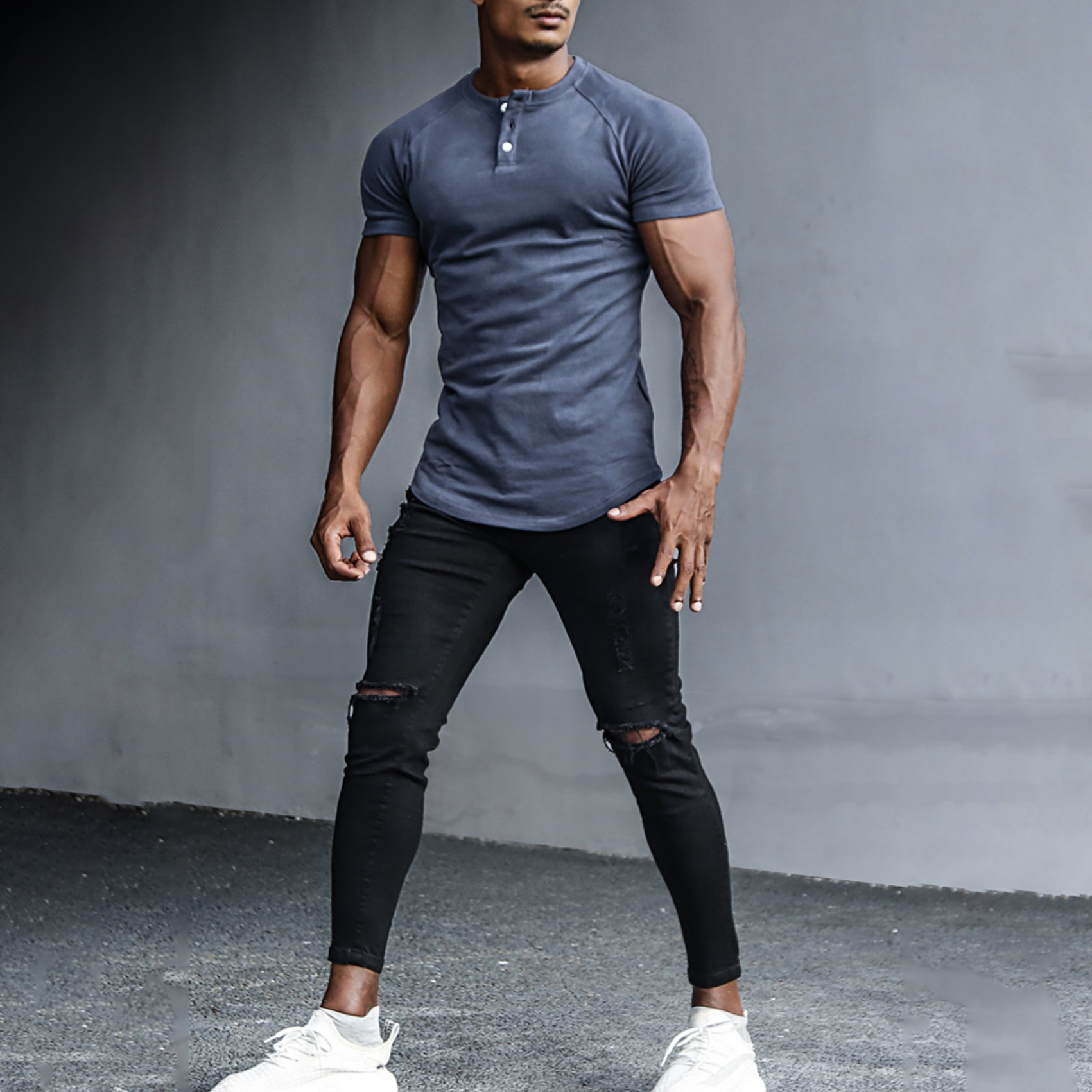 Men's Outdoor Casual Solid Color Henley Collar Bottoming Shirt Sports Fitness Running Slim Short-sleeved T-shirt - Image 2