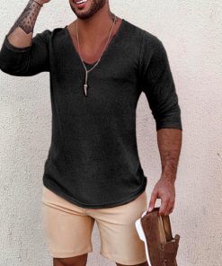 Men's Deep V Neck Breathable Linen Cotton Mid Sleeve T-Shirt