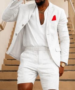 OK Casual  Plain Lapel Collar Linen Blazer & Shorts 2Pcs Set