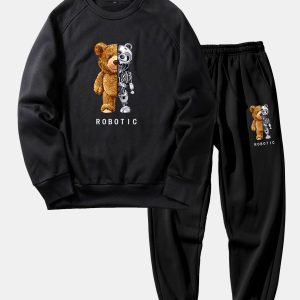 Robot Bear Print Raglan Sleeves Sweatshirt & Jogger Pants