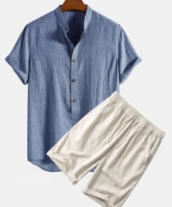 Short Sleeve Half Button Fly Henley Collar Shirt & Linen Cotton Blend 11" Shorts