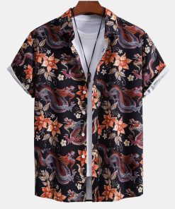 Dragon Floral Print Button Up Shirt & Dragon Print Swim Shorts
