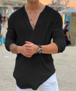 Casual Solid Color V-neck Long Sleeve T-shirt