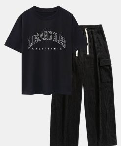 Los Angeles Print Heavy Weight Oversize T-Shirt & Loose Fit Corduroy Cargo Pants