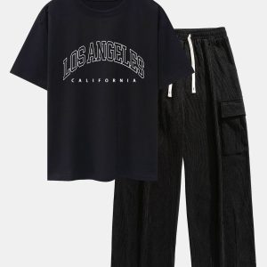 Los Angeles Print Heavy Weight Oversize T-Shirt & Loose Fit Corduroy Cargo Pants